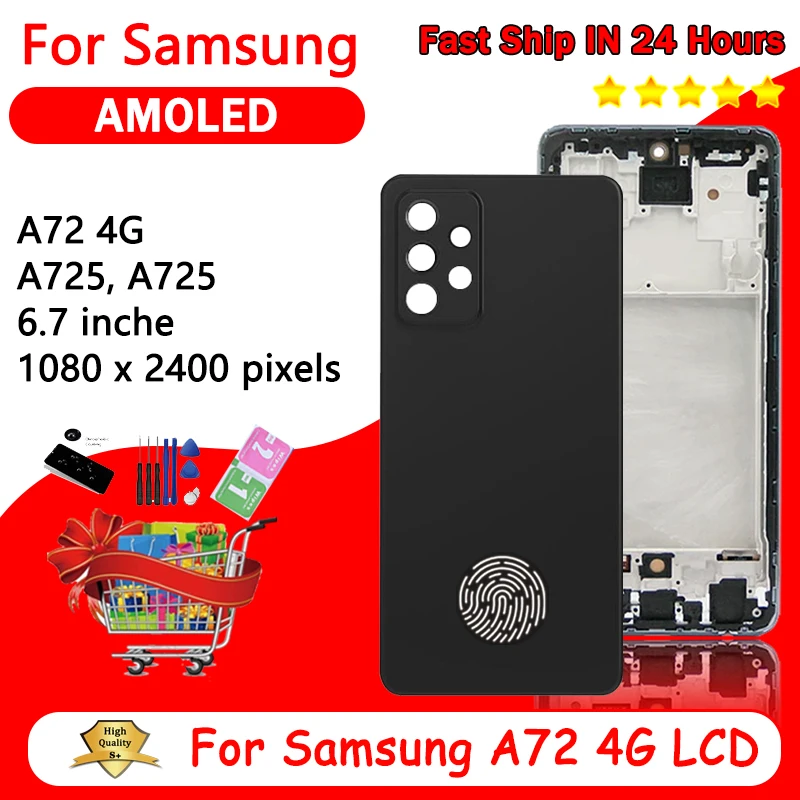 AMOLED A72 Screen For Samsung A72 4G A725F Display Touch Screen With Fingerprint Digitizer Assembly A725 Display