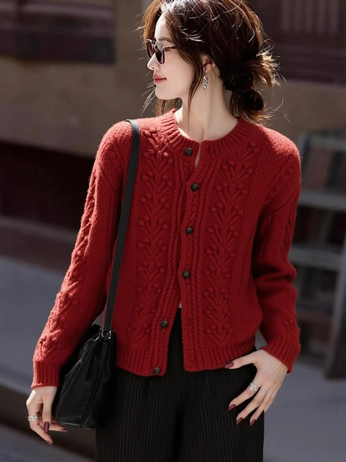 

Ele Red Long Sve Knitwear Premium Quali Commute Sle Korean Loose Fit Spring 2026 Knitted Top for Women