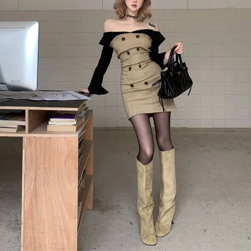 Vintage Hotsweet Off Shoulder Mini Dress Spring Autumn Fake Two Pieces Women's Clothing Fashion Patchwork Aura Bag Hip Dresses - Image 3