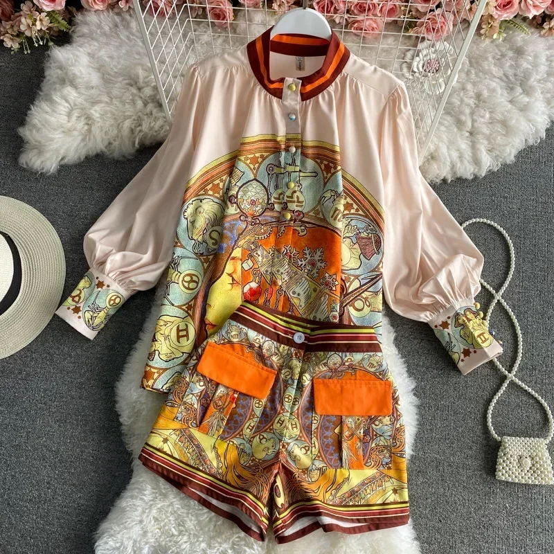 

Women Printed Two Piece Set Retro Chic Spring Fragmented Flower Shorts+Long Sleeve Shirt Top Elegant Suits Spring Summer Outfits