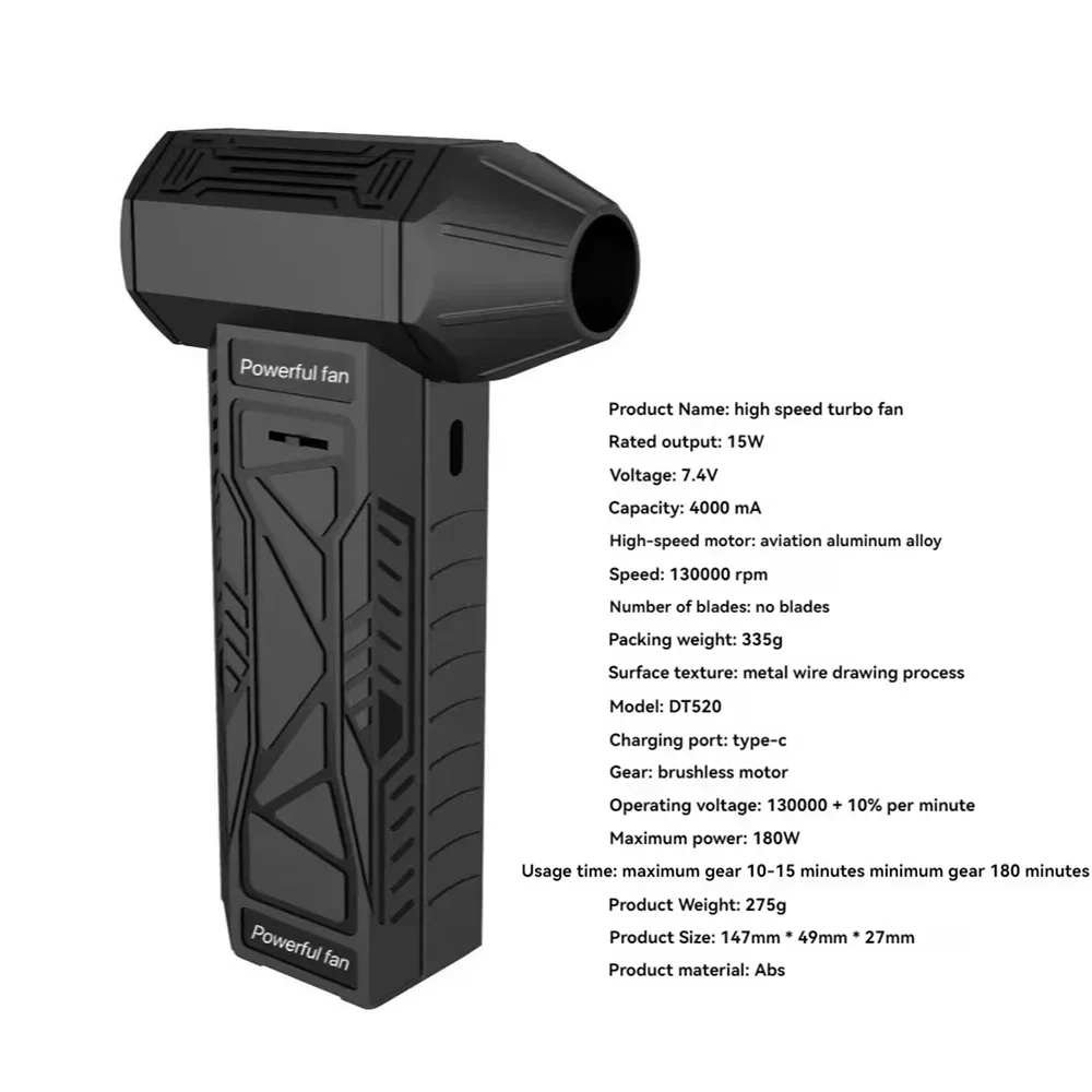 4000mAh 7.4V 130000 Bezszczotkowy wentylator strumieniowy RPM Super mocna dmuchawa Gwałtowny wentylator turbo Potężna dmuchawa powietrza 180W 52M/s