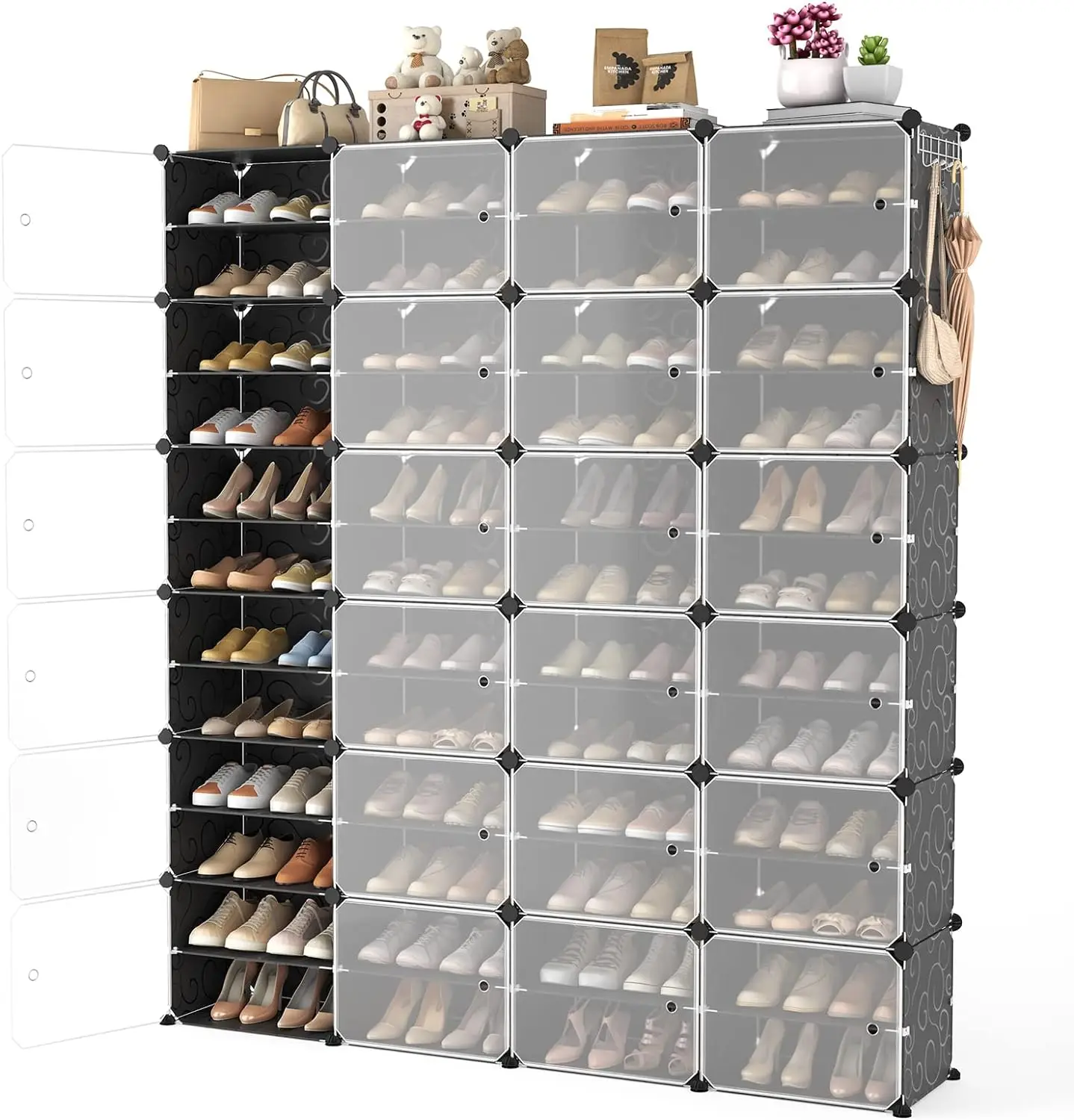 WEXCISE Portable Shoe Rack Organizer with Door, 96 Pairs Shoe Storage Cabinet Easy Assembly, Plastic Adjustable Shoe Storage