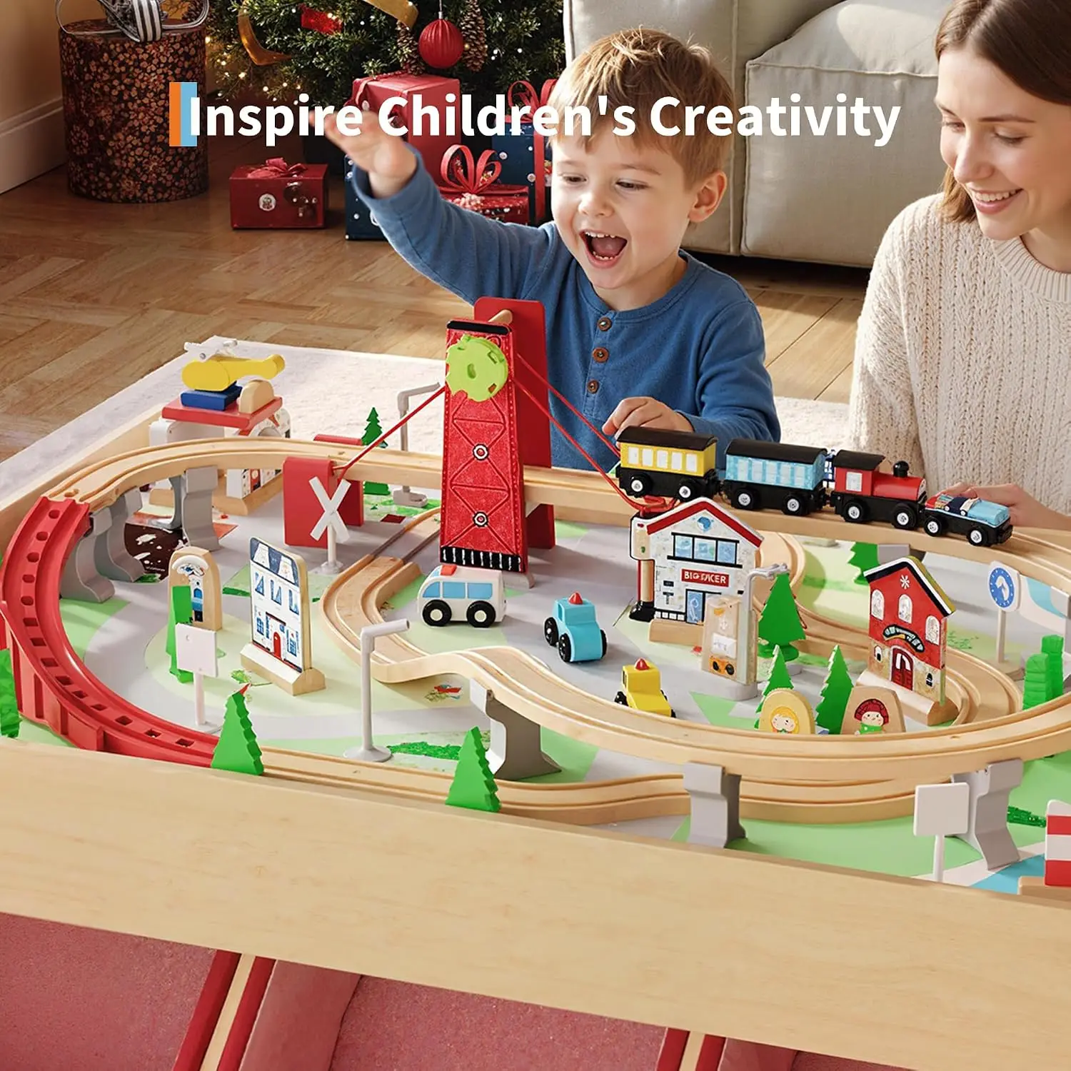 2-in-1 Solid Wood Activity Table – Dual-Use Train & Reading Desk with 92-Piece City-Themed Tracks, Multi-Level 3D Railway Playset, Built-in Storage Drawers – Wooden Play Table for Toddlers & Kids Ages 3+