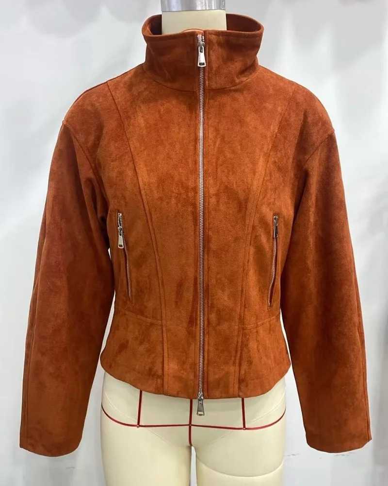 Women's jacket 2026 new stylish and chic streetwear solid colour stand-collar long-sleeve zip faux leather jacket