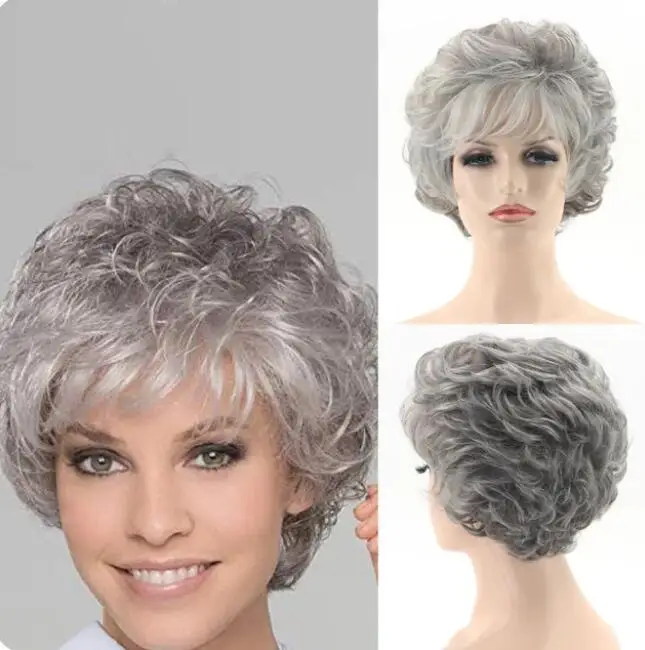 Cut Short Women Synthetic Wig Straight Wavy Ombre Brown Gray Natural Hair Heat Resistant Wig for Daily Party