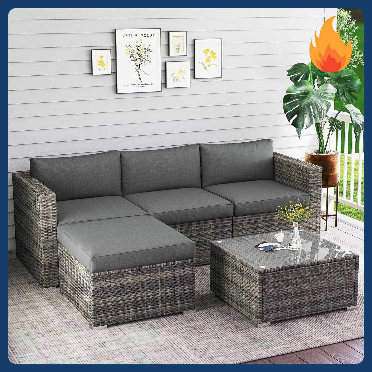 [New Arrival!]5-Pieces Outdoor Patio Furniture Set, All Weather Wicker Rattan Sectional Sofa, Patio Conversation Set with Cushio