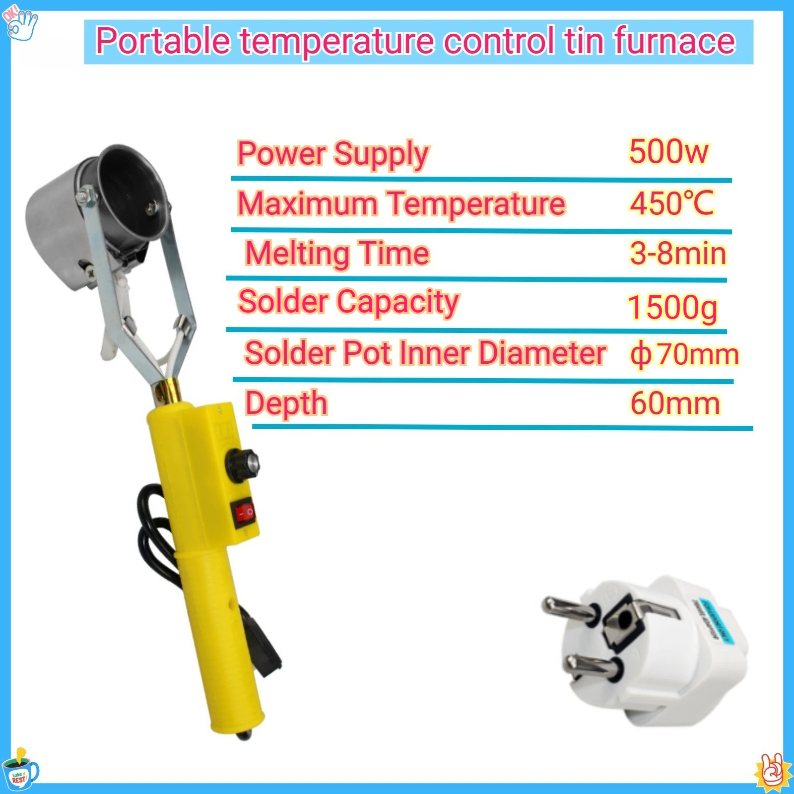 300W/500W Handheld Temperature Regulating Tin Melting Furnace Handheld Solder Pot Tin Furnace Mobile Tin Furnace Construction