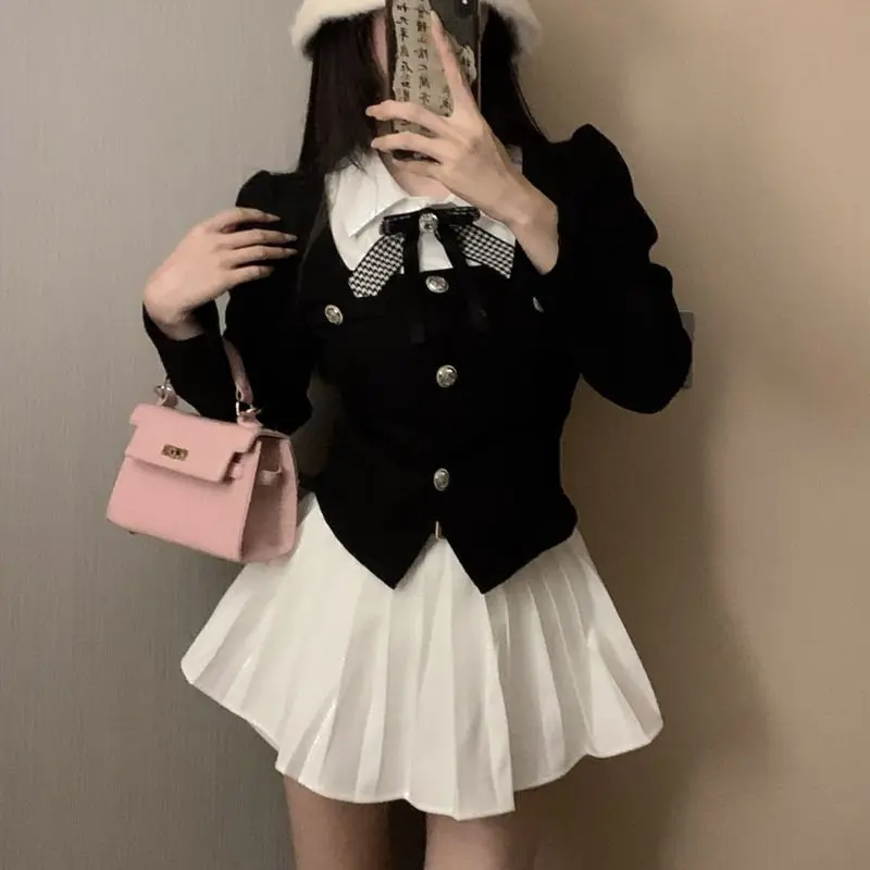 Elegancki 2-czฤลciowy zestaw sukienek Woman Black Crop Tops + Slim Sleeveless Y2k Mini Dress Corest Corset Korean Fashion Suit 2024 Autumn