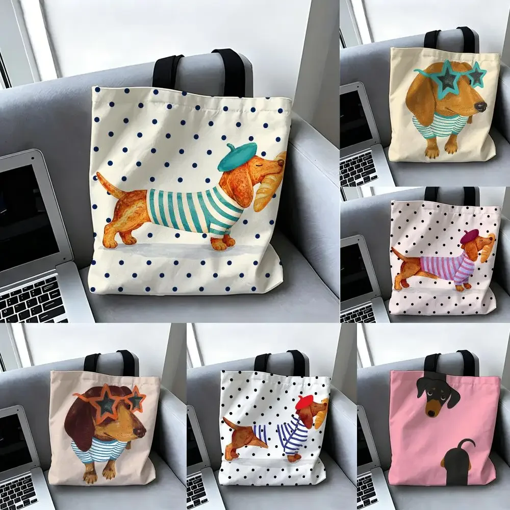 Shopping Bags Canvas Printing Artistic Dachshund Storage Double Sided Tote Large Capacity Shoulder Fashion Handbag