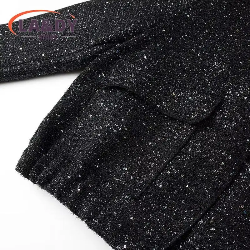 2024 Women Fashion Loose Versatile Single-Breasted Stand Collar Sequined Jacket Coat Female Casual Long Sleeve Pocket Outerwear