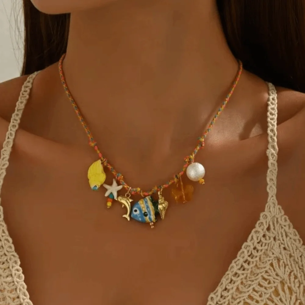 Cute Ceramic Fish Pendant Vintage Colorful Braided Rope Beach Party Necklace Orange Weave Shell Adjustable Choker Jewelry