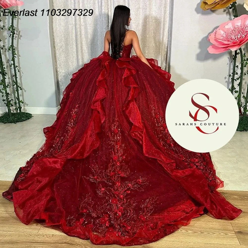 EVLAST Красное платье Quinceanera по индивидуальному заказу, бальное платье, многоуровневое 3D цветы, аппликация, корсет из бисера, Sweet 16, Vestidos De 15 Años TQD843