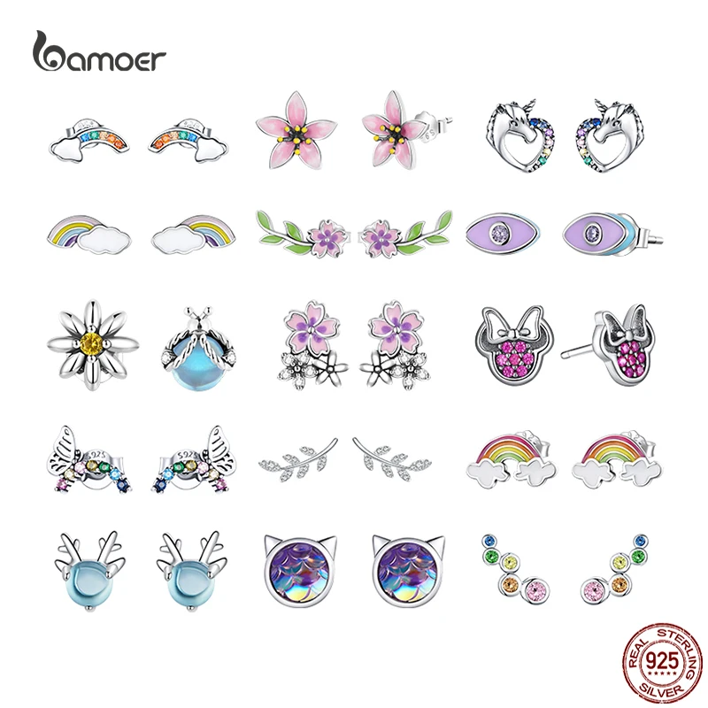 Bamoer 925 Sterling Silver Luxury Girl Earrings Rainbow Butterfy Cute Fancy Funny Ear Stud Original for Women Party Fine Jewelry