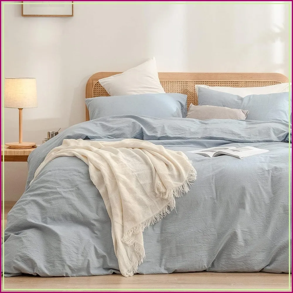 Cotton Solid Duvet Cover Set Linen Feel Cornflower Blue King