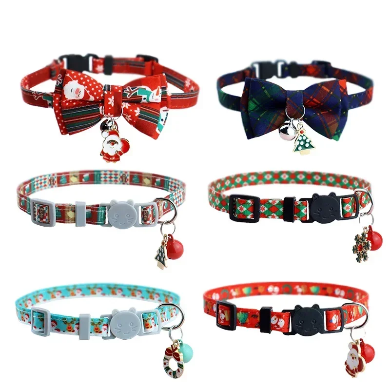 Personalized Pet Collar Christmas Elements Ornaments Cat Collar Adjustable Buckle with Bells Bow Tie Puppy Collars Pet Supplies