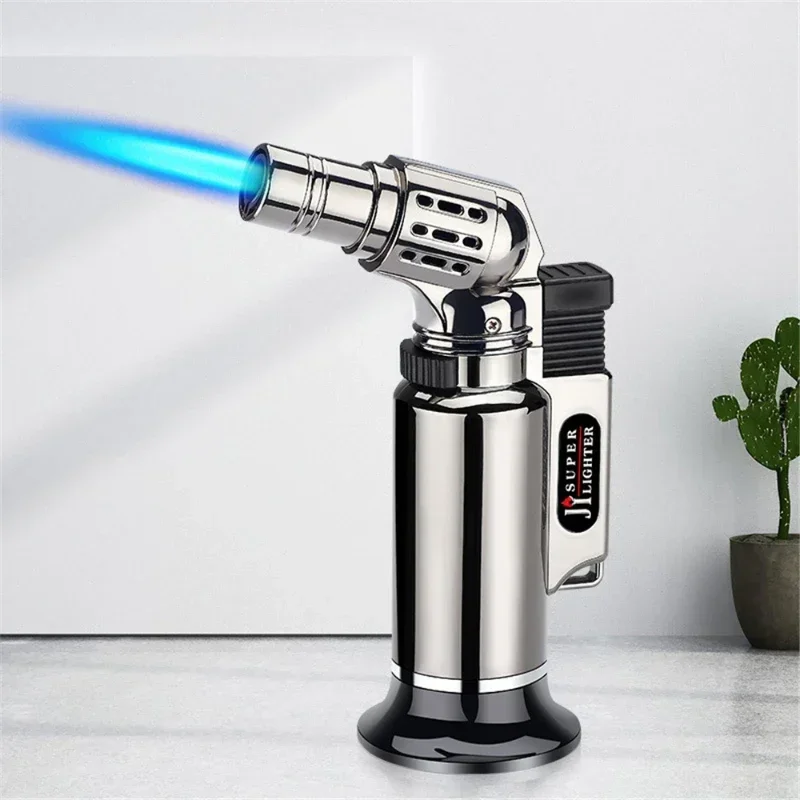 Metal Windproof Turbine Gas Lighter Flame Powerful Spray Gun Blue Flame Cigar Lighter Welding Torch Kitchen Cooking Adjustable