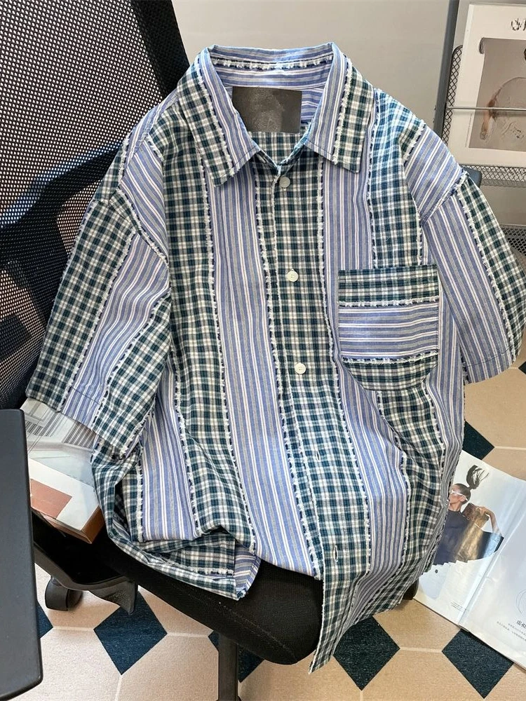 

Американские винтажные рубашки с отложным воротником и короткими рукавами, клетчатые полосатые блузки, летние топы, повседневный дизайн, универсальная женская одежда