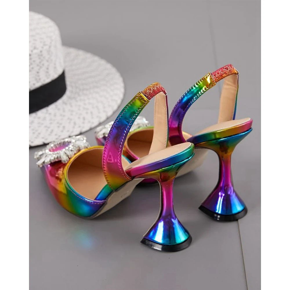 Women Multicolor Flower Pattern Rhinestone Decor Back Strap Pumps Summer Fashion Pointed Toe Midi Heeled Shoes Party Sandals
