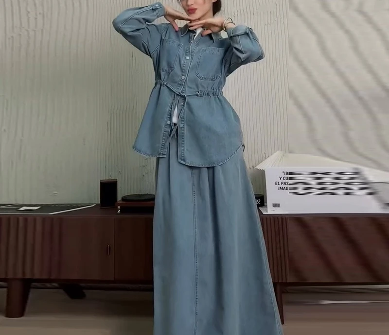 

2025 New Fall and Winter Women's Single-breasted Long-sleeved Blouse Loose Hem Skirt Suit