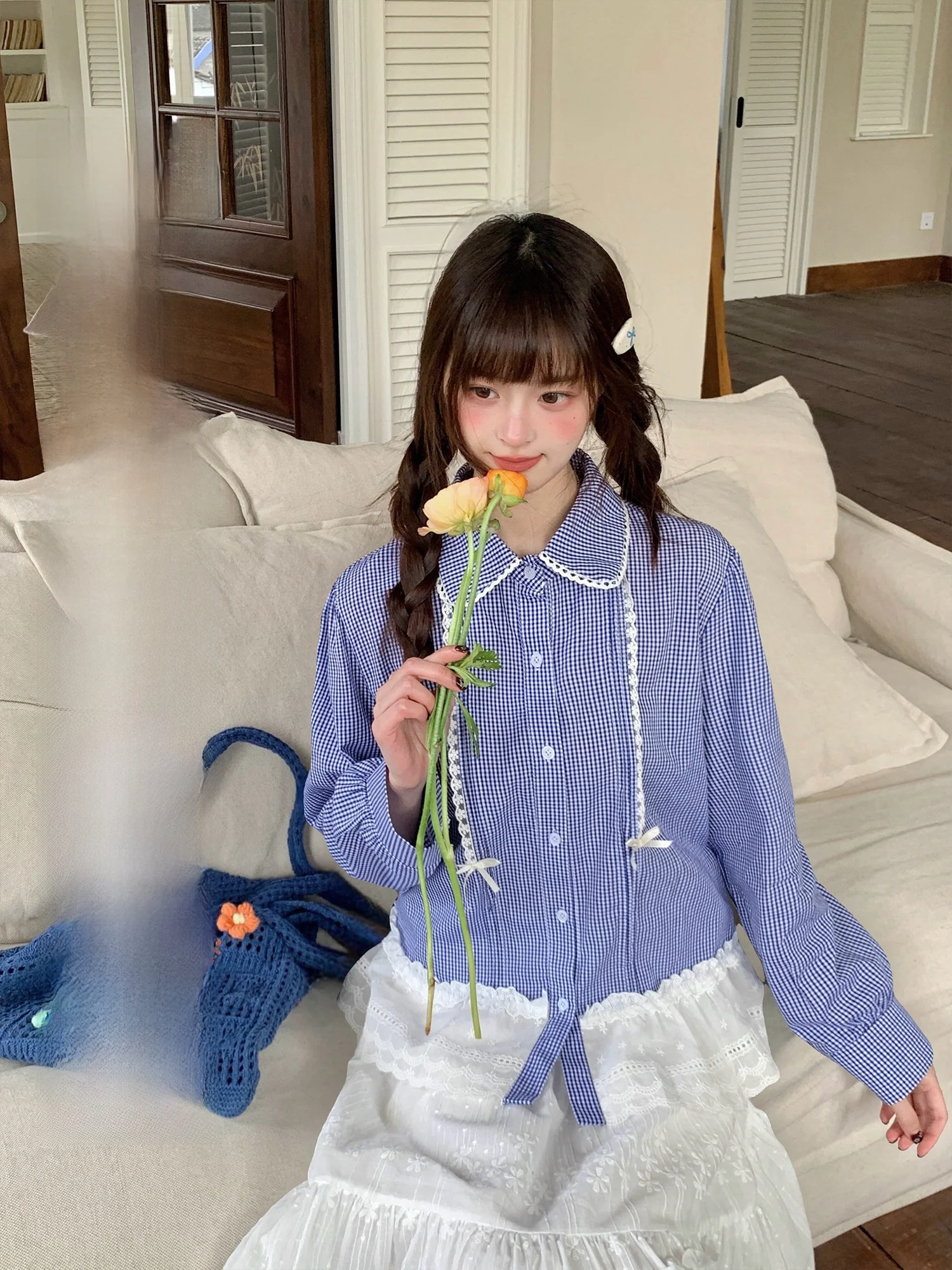 

Женская рубашка BibiBency Sweet Sle из чистого хлопка с длинными рукавами и бантом, синяя клетчатая, с базовым слоем, удобная, дышащая, легкая.