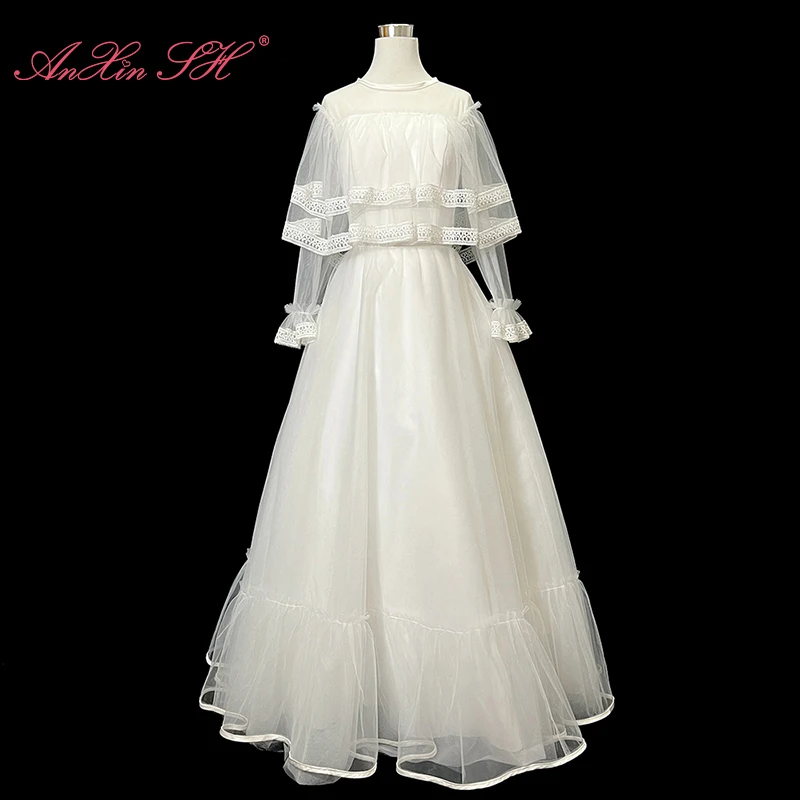 

AnXin SH vintage princess white flower lace p neck illusion long flare sleeve ruffles lace up bride Antique wedding dress