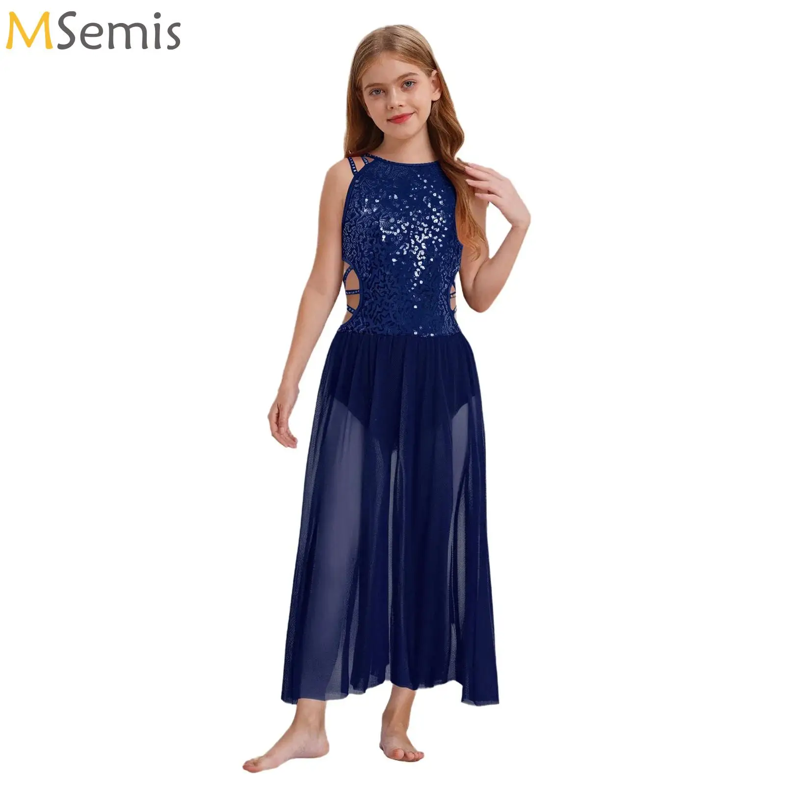 

Sequins Girls Lyrical Contemporary Dancewear Strappy Cutout Chiffon Skirted Figure Skating Gymnastic Costume Ballet Dresses