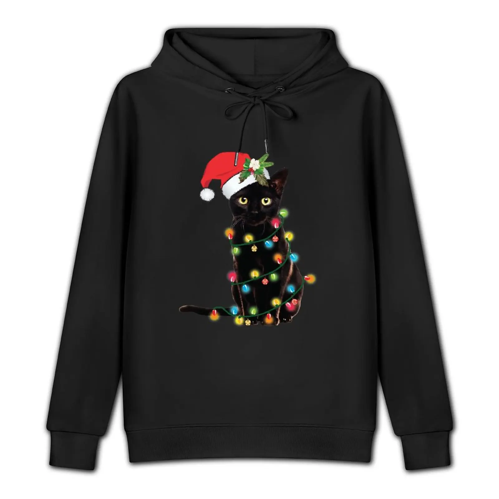 Santa Black Cat Tangled Up In Christmas Tree Lights Holiday Pullover Hoodie streetwear men clothes for men autumn men's hoodies