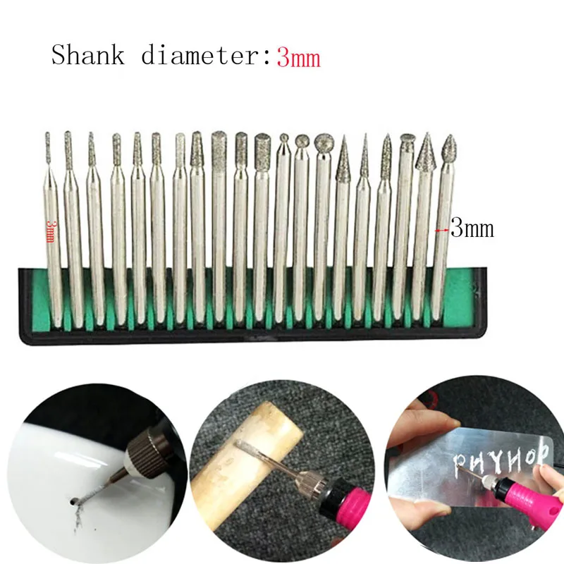 20PCS Diamond Rotary Grinding Burr Drill Bit set 2.35/3mm Shank Crafts strumento di lucidatura per incisione fai da te per Jade jewelry glass