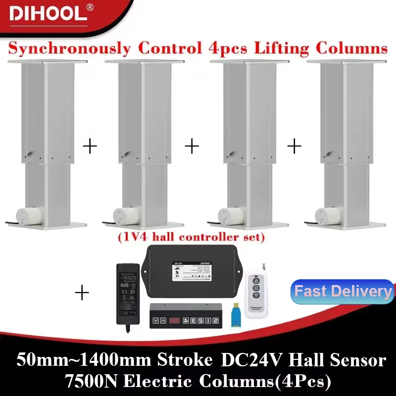 7500N 4Pieces Electric Lifting Columns with Synchronous Control Hall controller Set(1V4) 50MM~1400MM Stroke 800kg Load 25MM/S