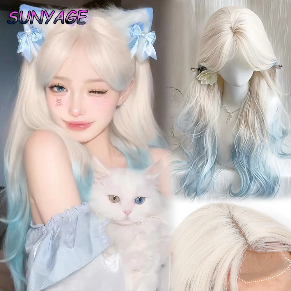 

Synthetic lace wig women's platinum gradient blue split long curly hair fashionable spring and summer lolita daily natural