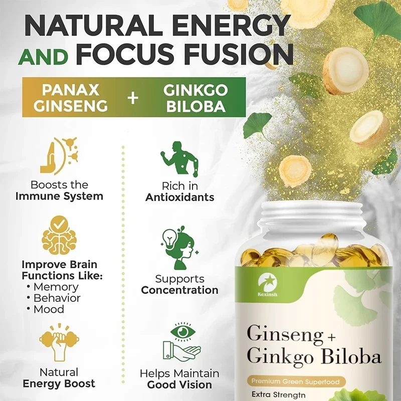 Ginseng Ginkgo Biloba Capsules Extra Strength - Supports Brain Function and Memory Non-GMO/Vegan Superfood