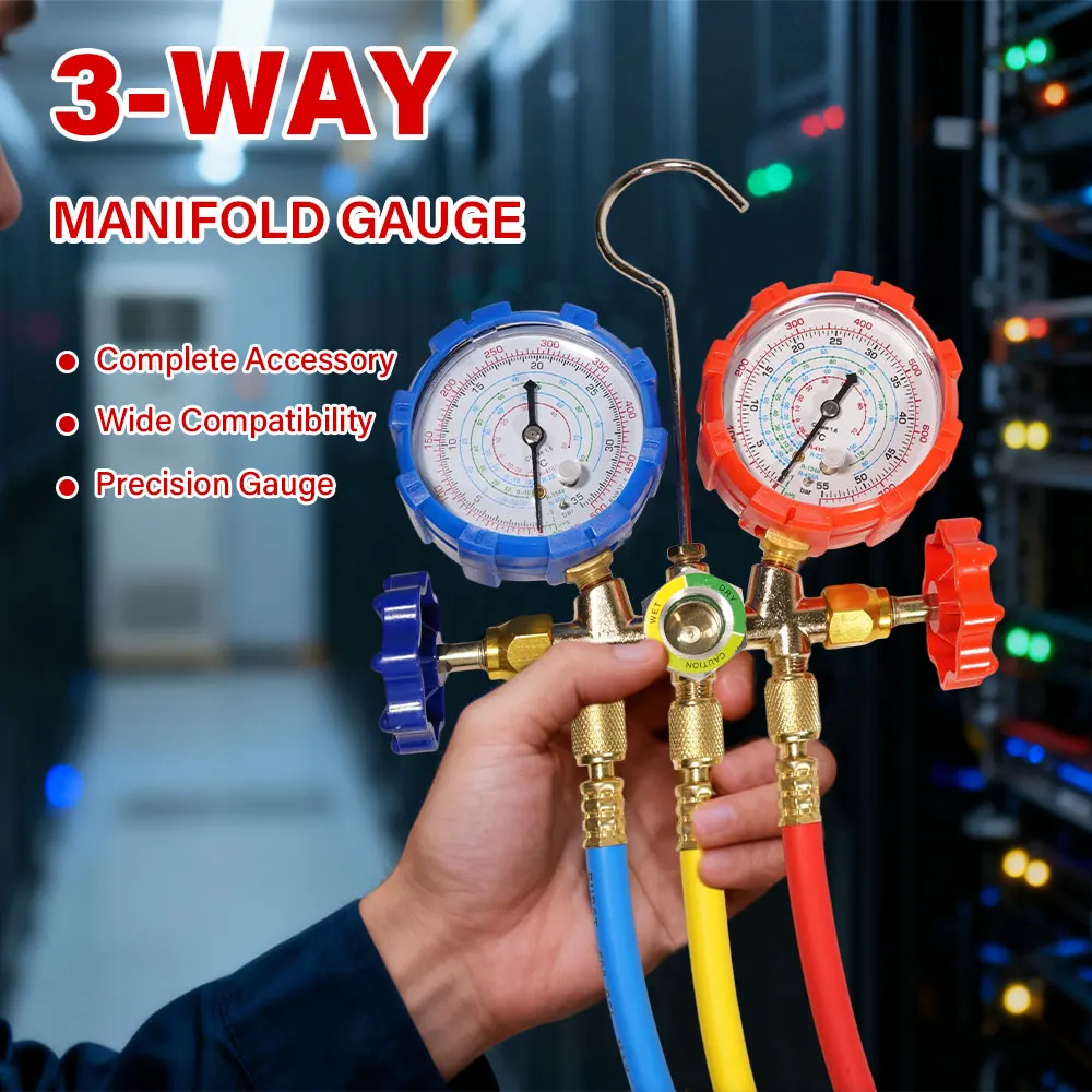 Pro 3 Way AC Diagnostic Manifold Gauge Set with Complete Hose and Hook Kit Advanced Refrigerant Testing Tool for R134A R22 R404A
