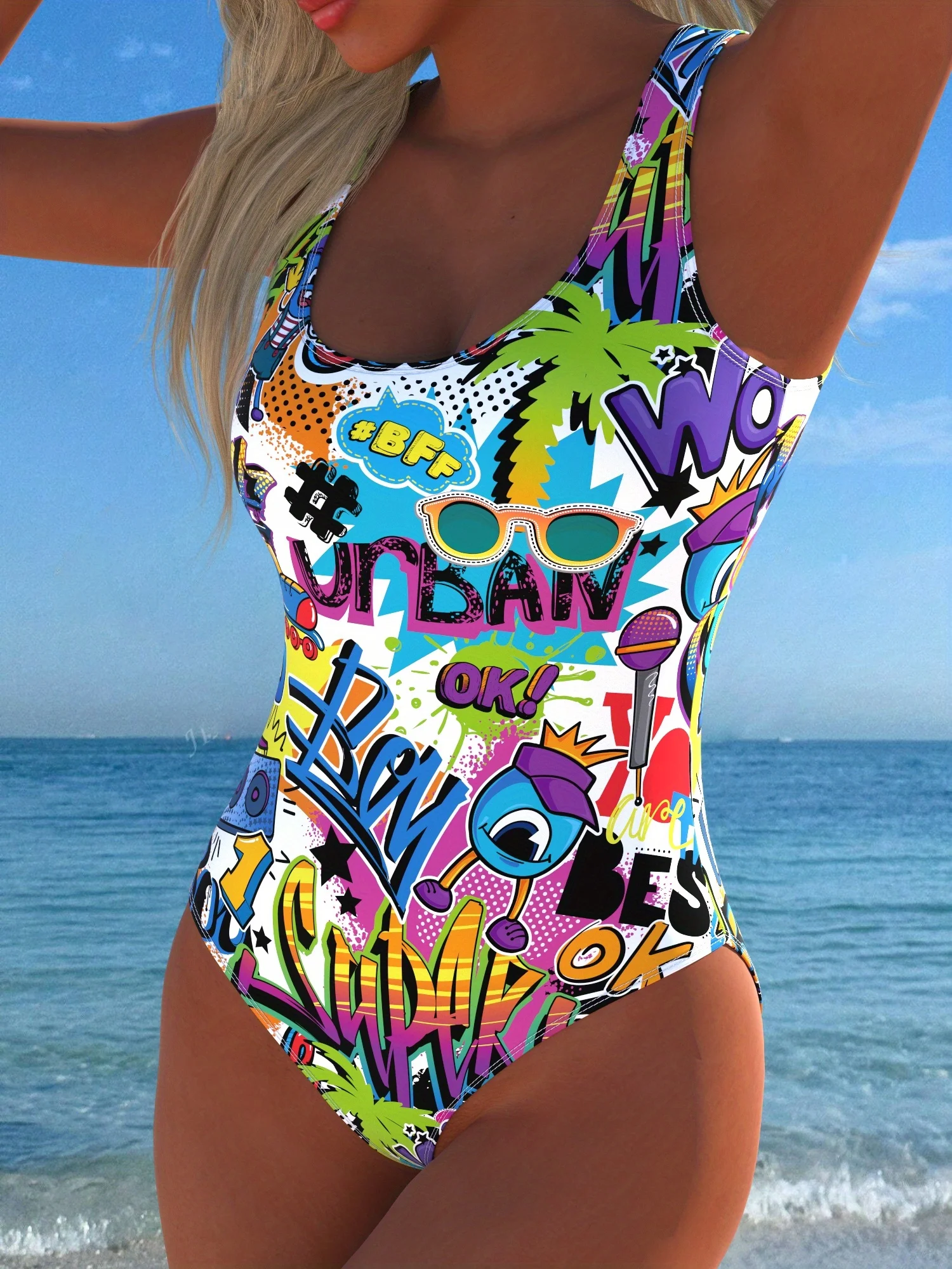 Women's One-Piece Swimsuit with Vibrant Random Print Design for Beach & Pool - Elegant & Comfortable Fit, High Waisted Swimsuit