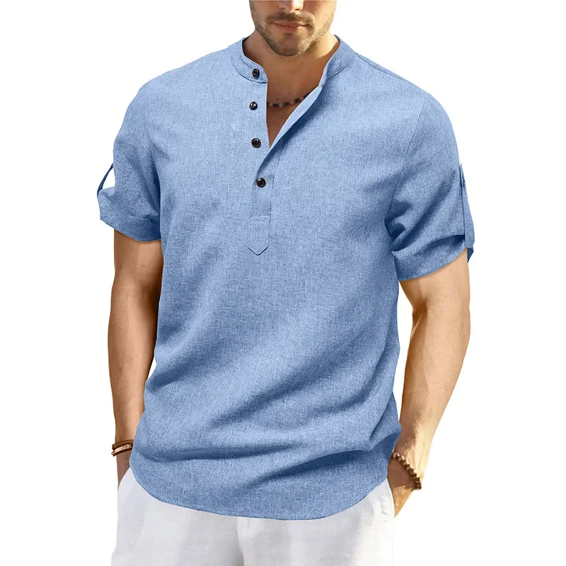 

LIBIELIY 2025 Summer Pull On Stand Collar Casual Shirts Men Solid Short Sleeve Fashion Pullover Tops Male Daily Vintage Loose Be