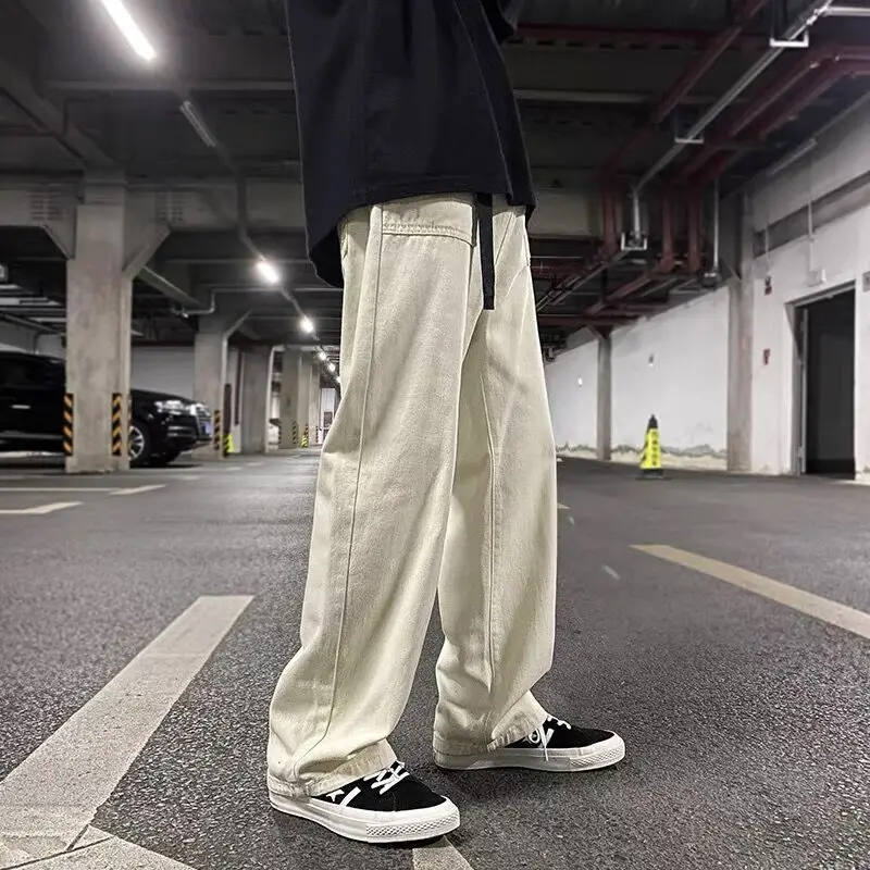 Spring Autumn New Solid Color Elastic Waist Fashion Straight Pants Man High Street Casual Pockets Patchwork All-match Trousers