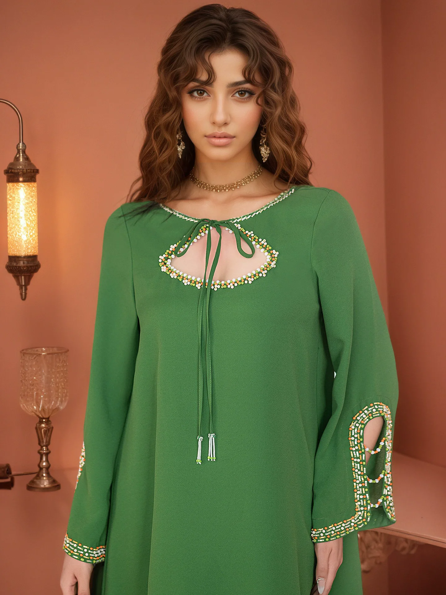 Ramadan Muslim new women's clothing European and American light luxury long sleeved loose slit fashion dress with diamonds