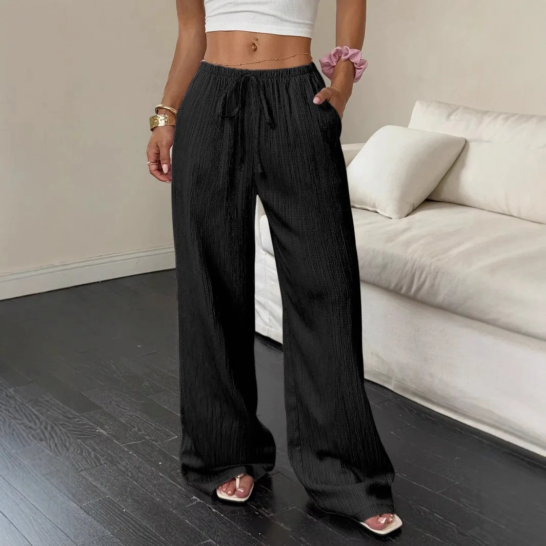 2026 Summer New Women's Casual Solid Color Textured Fabric Knotted Waist Diagonal Pocket Wide Leg Pants