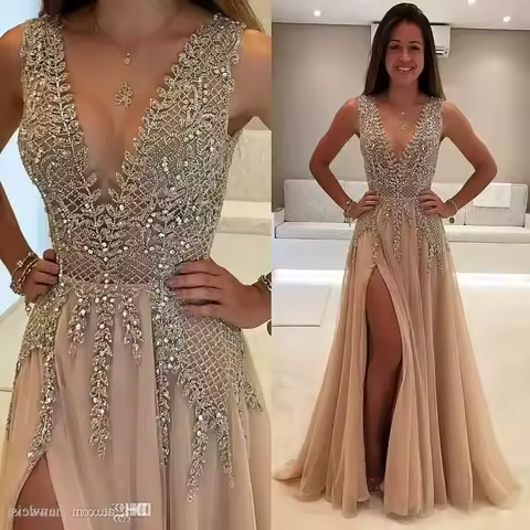Beaded Side Split Prom Dresses Long Crystal Evening Dresses Mother Of The Bride Dress Prom Dress Wedding Guest Wear Evening Gown