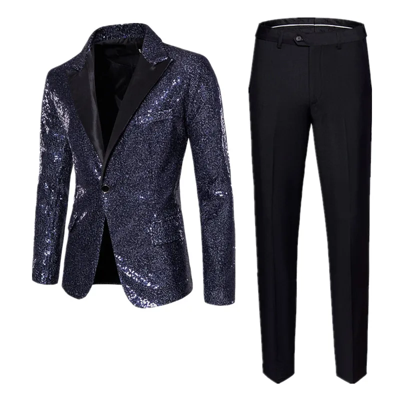 (Blazers + Pants) Fashion Luxury Men Dance Party Sequins Suit 2 Piece White / Silver / Navy Blue Singer Host Stage Dress Set