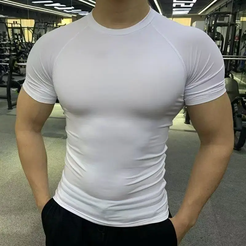 2026 Summer New Men's Tight Short Sleeved T-shirt Fitness Running Basketball Sportswear Seamless Close Fitting Black Sports Top