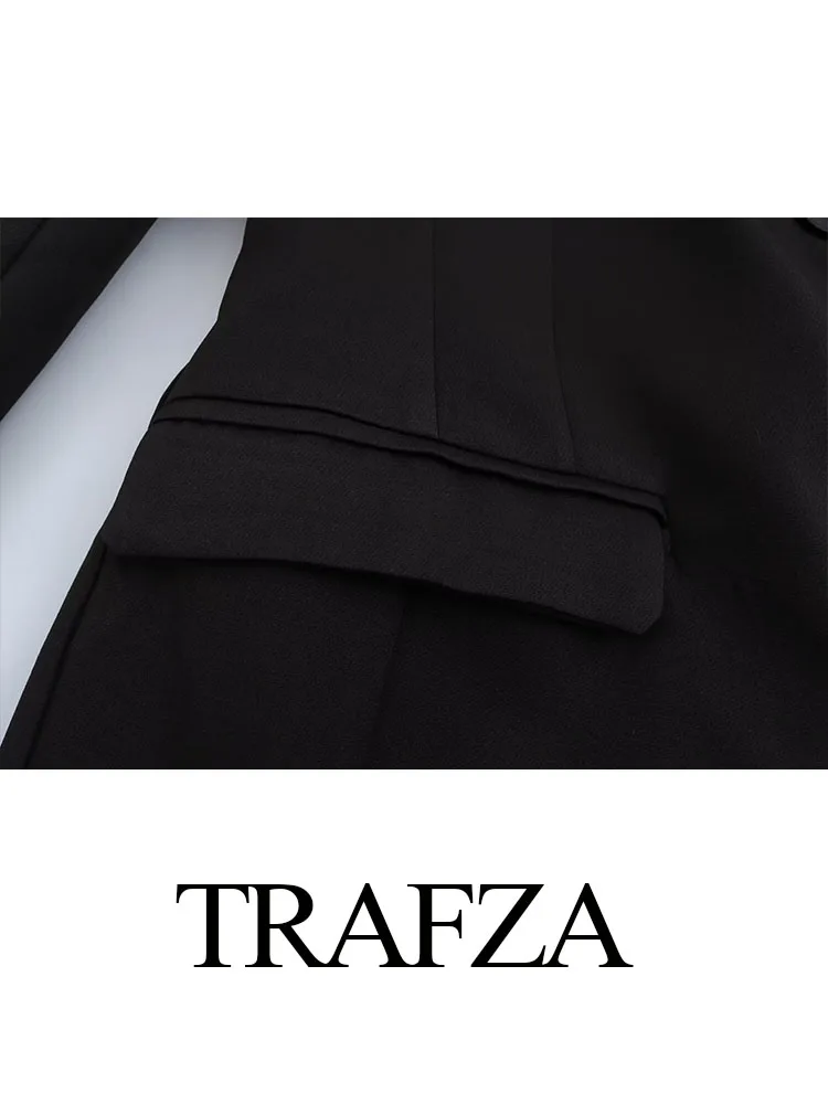 TRAFZA Vrouw Retro Single Breasted Pocket Versieren Outerwears Damesmode Zwarte Lange Jas Herfst Revers Lange Mouw Jas