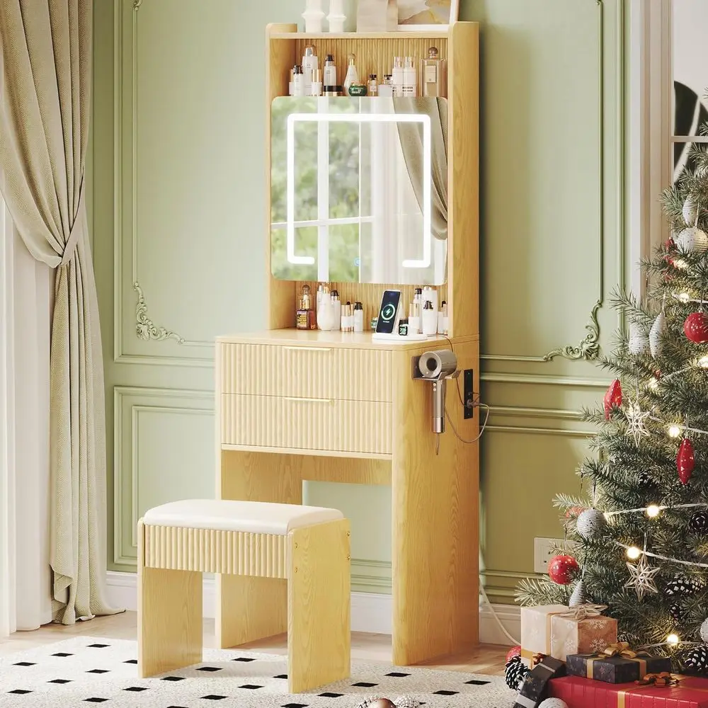 3-in-1 Wooden Makeup Vanity Desk with Mirror, Lights, Drawers, and Storage for Bedroom