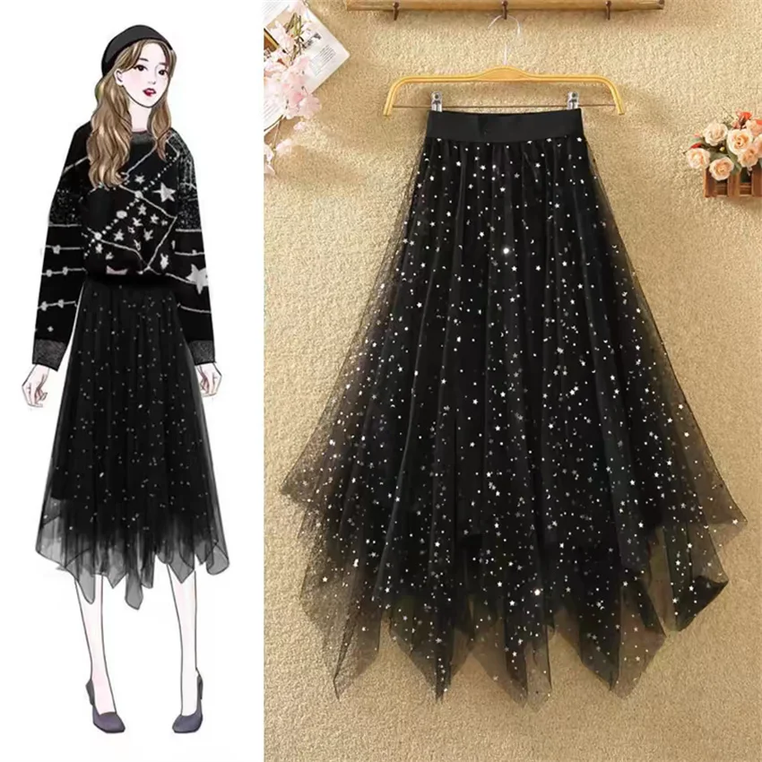 Gowyimmes Spring Autumn Women Starry Irregular Lace Skirts Lady Midi Long High Waist Pleated Skirt Girl A-line Bottomings PD1863