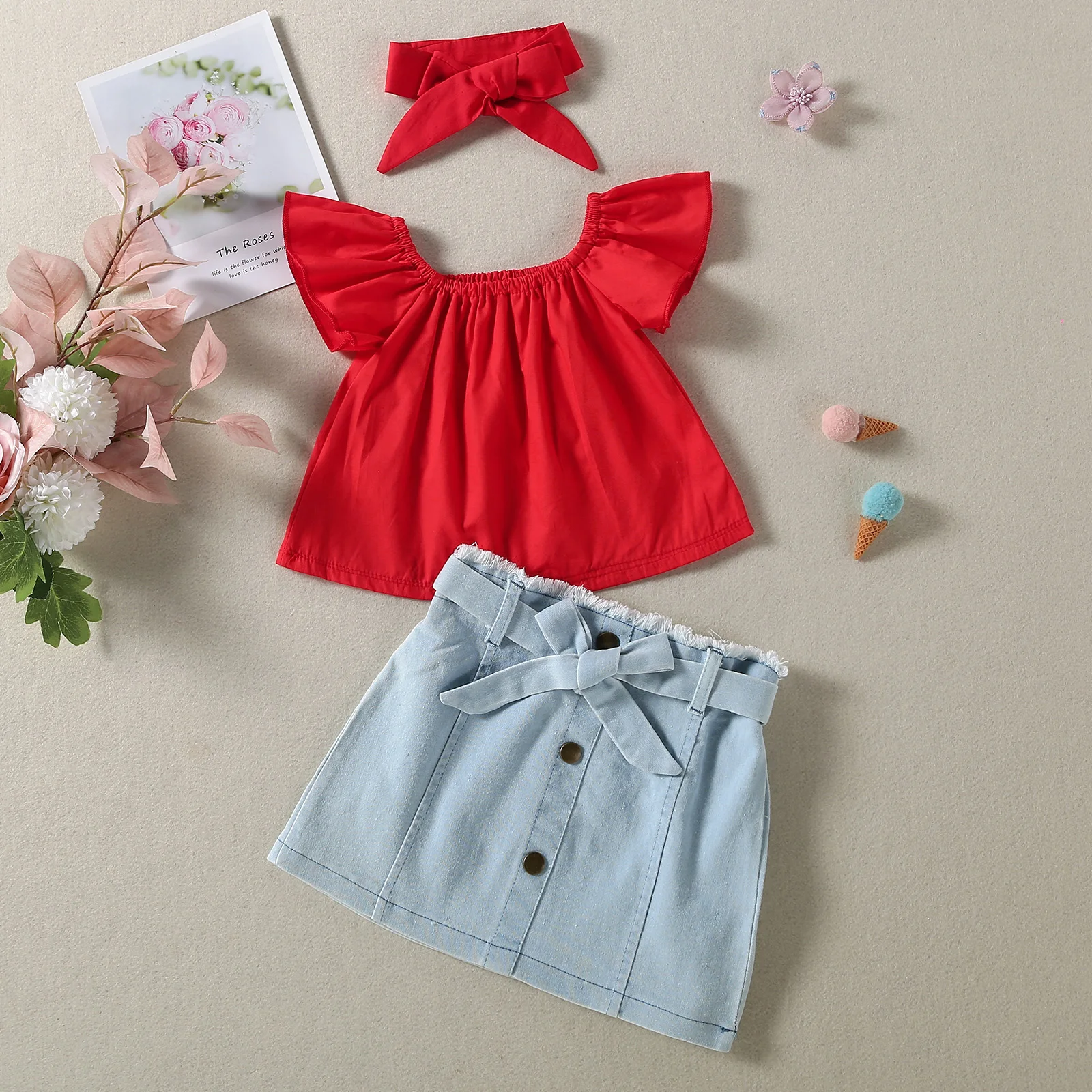 

3PC autumn and winter season girl's little red skirt plus denim shorts plus headband