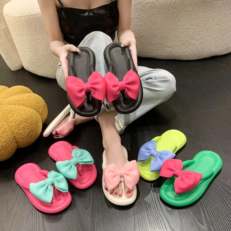 Cute Women's Summer Slippers Girls Outdoor Anti-slip Slides Adults Indoor Waterproof Sandals Couples Sweet Bow Tie Flip Flops