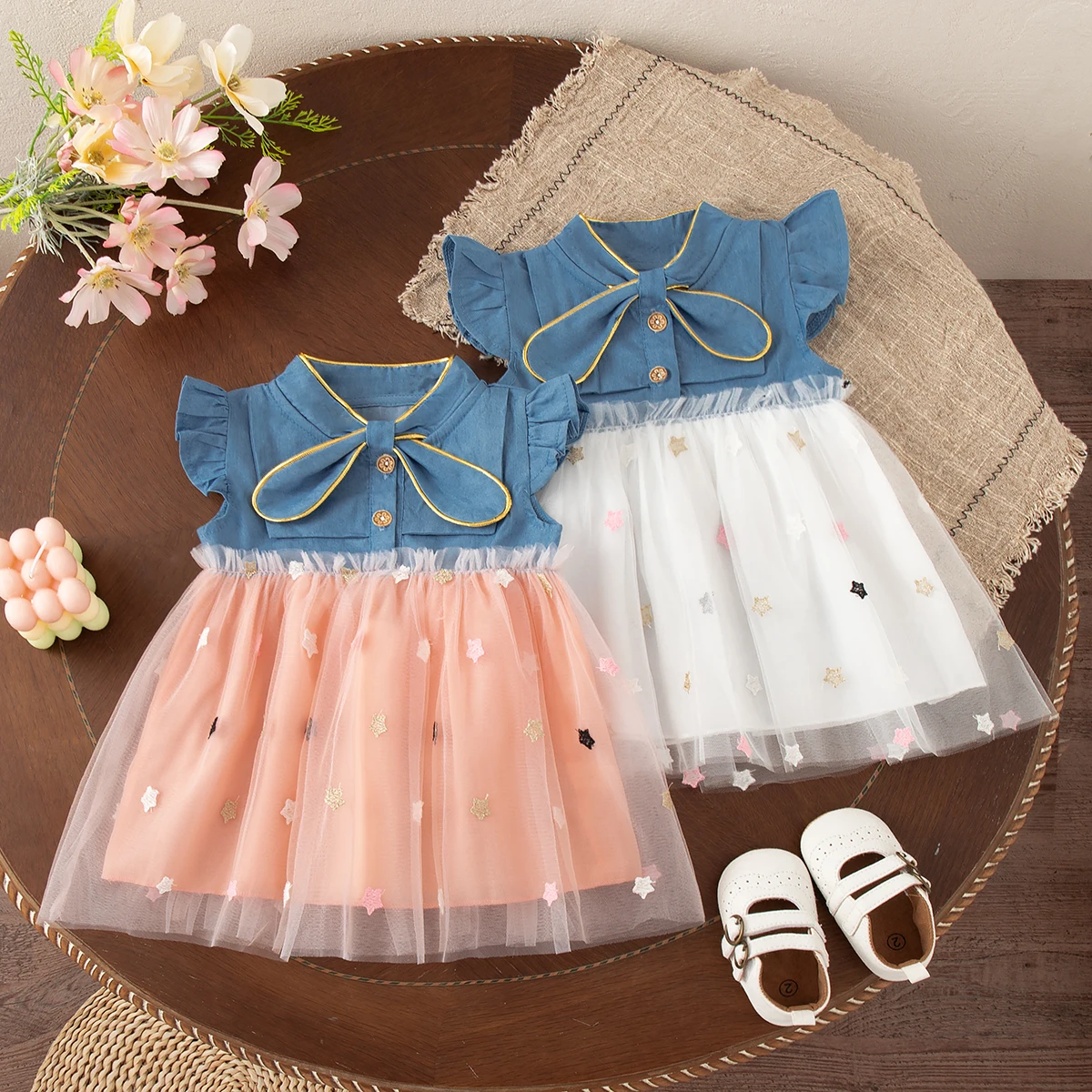 

Girl Kids Dress Colorful Star Embroidered Flying Sleeve Gauze Dress for Girl Summer Casual Outing Wear
