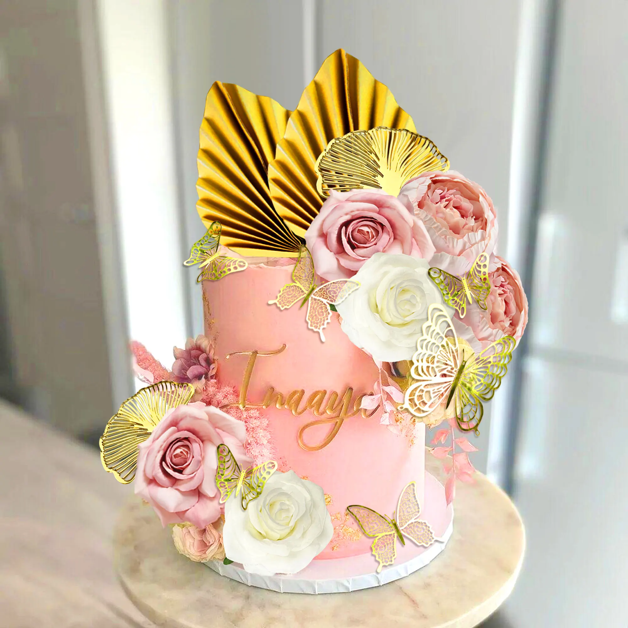 زينة كعكة زهرة لافينتي، زينة كعكة بيضاء وردية، أوراق النخيل، فراشة لمستلزمات الزفاف في عيد الحب #2