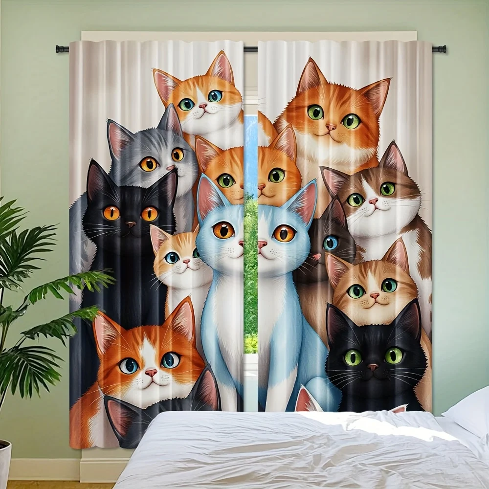 Cute Multi Color Kitten Curtain 2 Panels Various Cartoon Cat Soft Cream Background Master Bedroom Curtain Pet Animal Home Decor