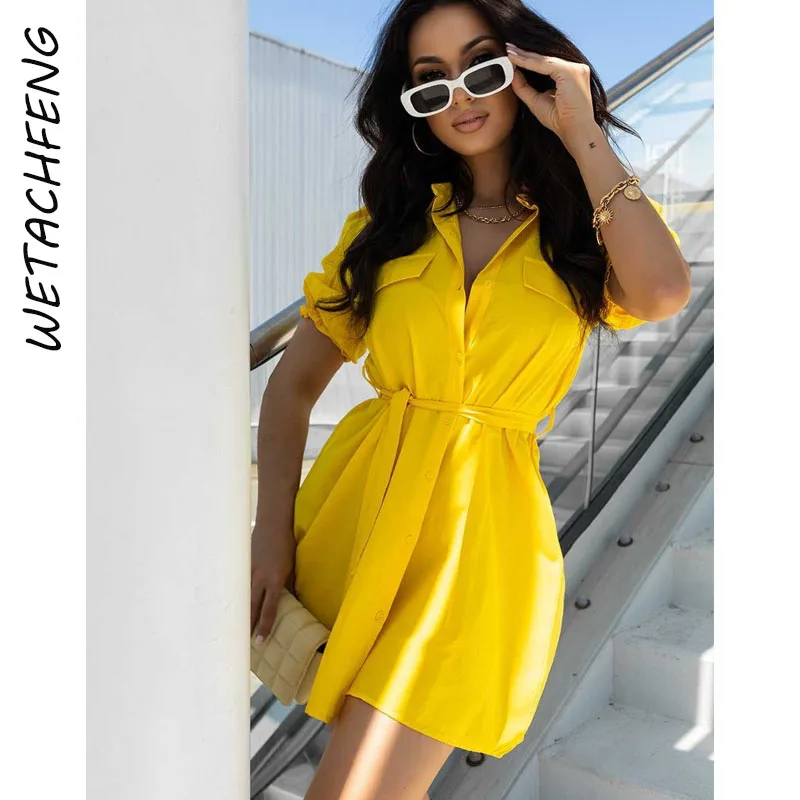 Women Dress 2022 Sexy Yellow Lace-Up Button Turn-down Collar Dresses Evening Party Beach Holiday Mini Vestidos Femme Clothes