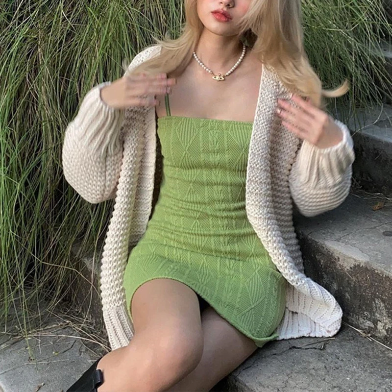 Women Fashion Elegant Streetwear Strap Mini Dress Summer New Solid Green Knit Stretch Slim Office Lady Dresses